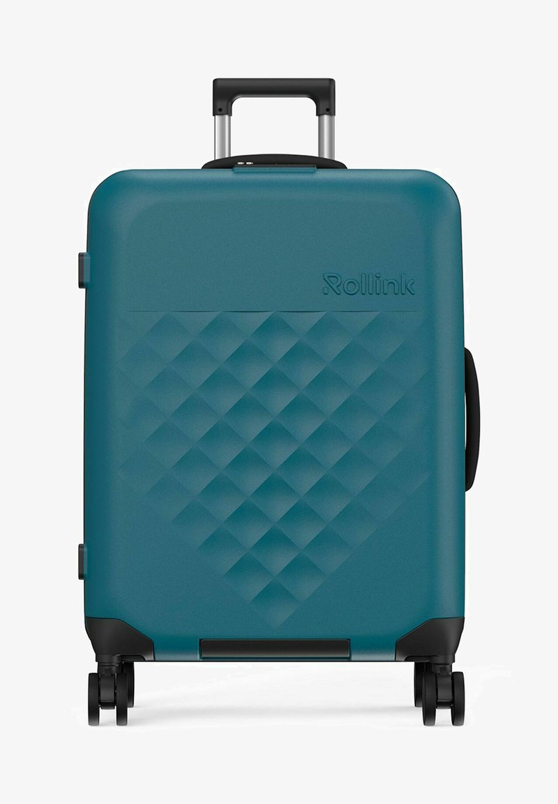Valigia rigida teal con texture a motivo diamante, ruote nere e maniglia telescopica; contrassegnata dal logo "Rollink".
