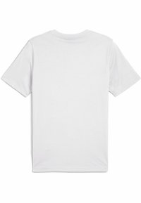 Camiseta blanca de algodón de manga corta, con cuello redondo estándar y una textura suave. Sin gráficos ni patrones visibles en la parte posterior.
