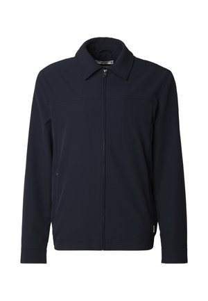 Tmavě modrá, lehká bunda s přímým střihem, zapínáním na přední zip a límcem. Hladká textura bez viditelných vzorů.