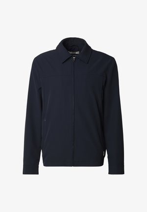 Tmavě modrá, lehká bunda s přímým střihem, zapínáním na přední zip a límcem. Hladká textura bez viditelných vzorů.