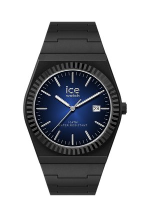 Čierne Ice hodinky s modrým ciferníkom, striebornými hodinovými ukazovateľmi a ručičkami, dátumom na 3. hodine a vodotesnosťou do 10 ATM.