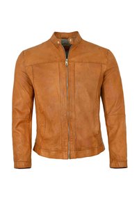 Hellbraune Lederjacke mit hohem Kragen, frontalem Reißverschluss und Nahtdetails. Das Material hat eine glatte Oberfläche und eine leicht strukturierte Optik.