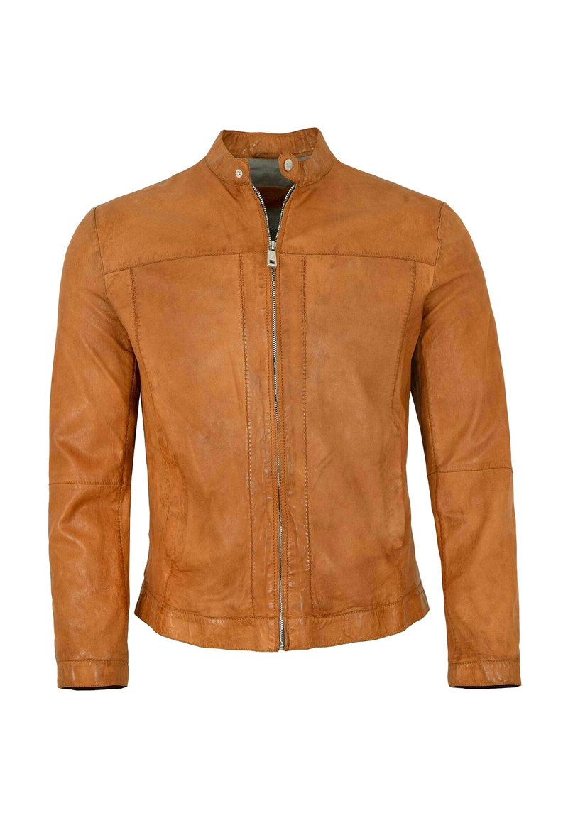 Hellbraune Lederjacke mit hohem Kragen, frontalem Reißverschluss und Nahtdetails. Das Material hat eine glatte Oberfläche und eine leicht strukturierte Optik.