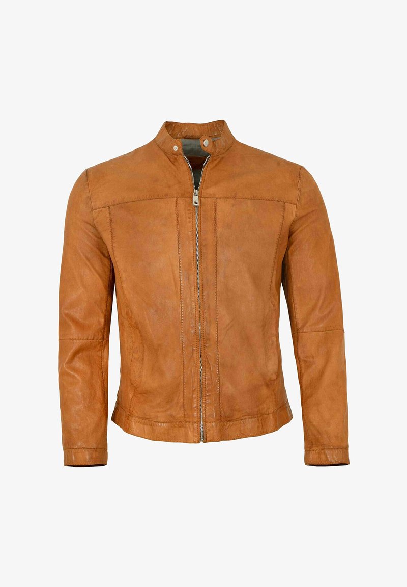 Hellbraune Lederjacke mit hohem Kragen, frontalem Reißverschluss und Nahtdetails. Das Material hat eine glatte Oberfläche und eine leicht strukturierte Optik.