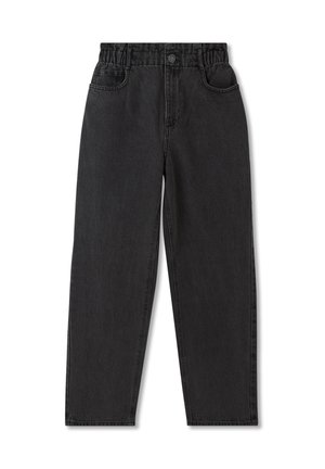 Pantaloni in denim nero con vita elastica, taglio dritto, cinque tasche e finitura testurizzata. Senza marchi o motivi visibili.