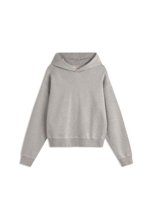 Sweat à capuche gris en mélange de coton, présente une coupe décontractée, des poignets et un ourlet côtelés, avec un design simple et sans motifs ni accents visibles.