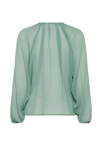Light green, sheer blouse with long, puffed sleeves and a gathered neckline. Soft texture with subtle vertical lines throughout.