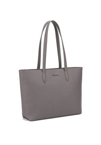Borsa a tote sintetica grigia con due manici lunghi, forma rettangolare strutturata e finitura testurizzata sottile; presenta un logo sul davanti.