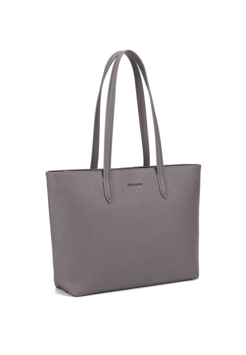 Borsa a tote sintetica grigia con due manici lunghi, forma rettangolare strutturata e finitura testurizzata sottile; presenta un logo sul davanti.