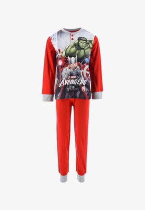 Red children's pajamas featuring a graphic design of Marvel Avengers characters on the top; long sleeves with gray cuffs and matching pants.