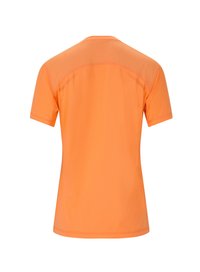 Kortärmad atletisk tröja i starkt orange, med ett mjukt, lätt material och ett nätpanel på övre ryggen för luftgenomsläpplighet.