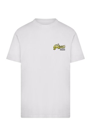 White short-sleeve t-shirt with small yellow and black "Pizza Plaza" logo on the left chest.