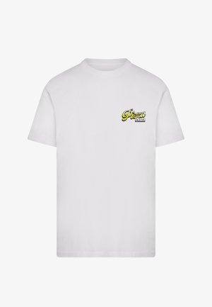 White short-sleeve t-shirt with small yellow and black "Pizza Plaza" logo on the left chest.