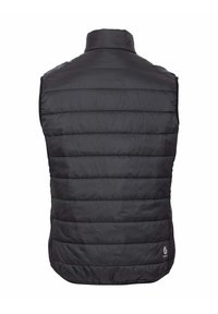 Black insulated vest, quilted design with horizontal stitching, high collar, and rounded hem. Features a logo on the bottom left.