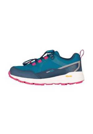 Blue and pink waterproof athletic shoe with elastic laces, white midsole, and pink tread for outdoor or trail use.