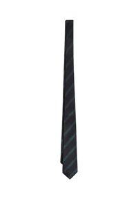 Corbata azul marino con sutiles rayas diagonales verdes, diseño clásico y delgado, colgando recta sobre un fondo blanco.