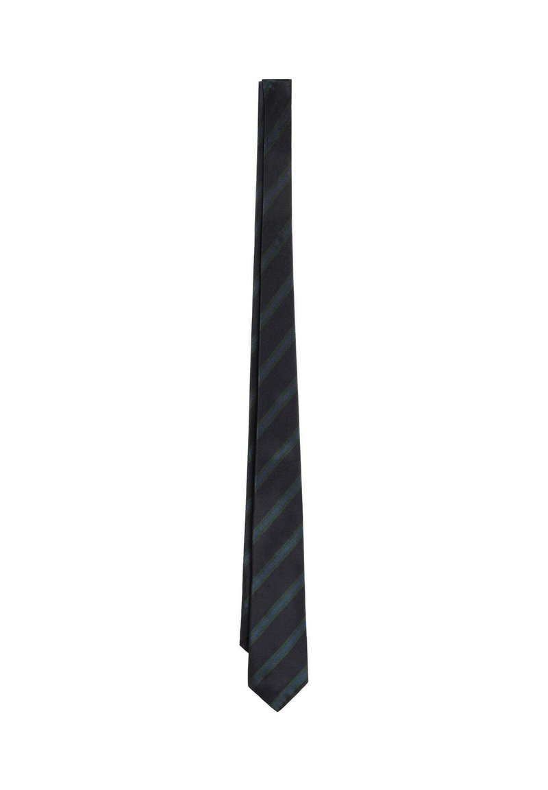 Corbata azul marino con sutiles rayas diagonales verdes, diseño clásico y delgado, colgando recta sobre un fondo blanco.