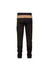 Schwarze Jogginghosen mit einem beigen Bund und grünen Seitenakzenten. Sie verfügen über eine Reißverschlusstasche auf der Rückseite und elastische Bündchen an den Knöcheln.