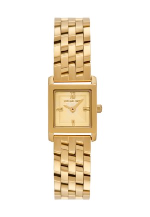 Gold-tone rectangular watch with a textured dial, small hour markers, and a woven metal bracelet. Clean lines and polished finish.