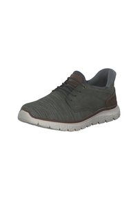 Chaussure de sport en tissu gris avec une tige texturée, accents en cuir marron et semelle blanche flexible. Dispose d'un design à lacets et d'un col rembourré.