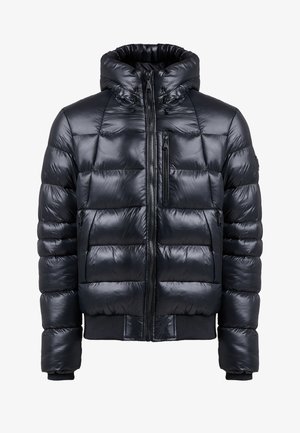 Giacca a vento nera, con design trapuntato, colletto alto, chiusura frontale con zip e polsini elasticizzati. Texture liscia e lucida.