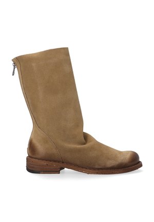 Tall brown suede boot with a smooth texture, rounded toe, and a wooden heel. Features a side zipper for easy wear.