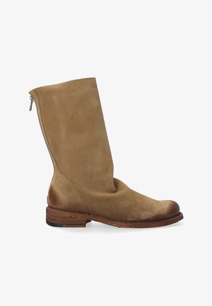 Tall brown suede boot with a smooth texture, rounded toe, and a wooden heel. Features a side zipper for easy wear.