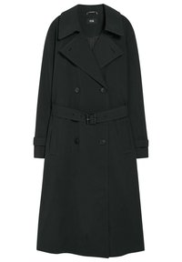 Black trench coat made of smooth fabric, featuring a double-breasted design, wide collar, belted waist, and side pockets.