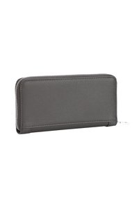 Portafoglio grigio con zip, realizzato in materiale sintetico testurizzato. Presenta un design rettangolare elegante con una cerniera argentata e dettagli minimi.