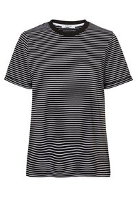 Camiseta de rayas blancas y negras, de manga corta, con cuello redondo, tela suave, patrón de rayas uniforme, corte relajado, diseño minimalista.