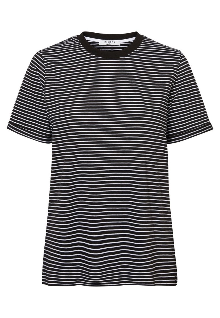 Camiseta de rayas blancas y negras, de manga corta, con cuello redondo, tela suave, patrón de rayas uniforme, corte relajado, diseño minimalista.