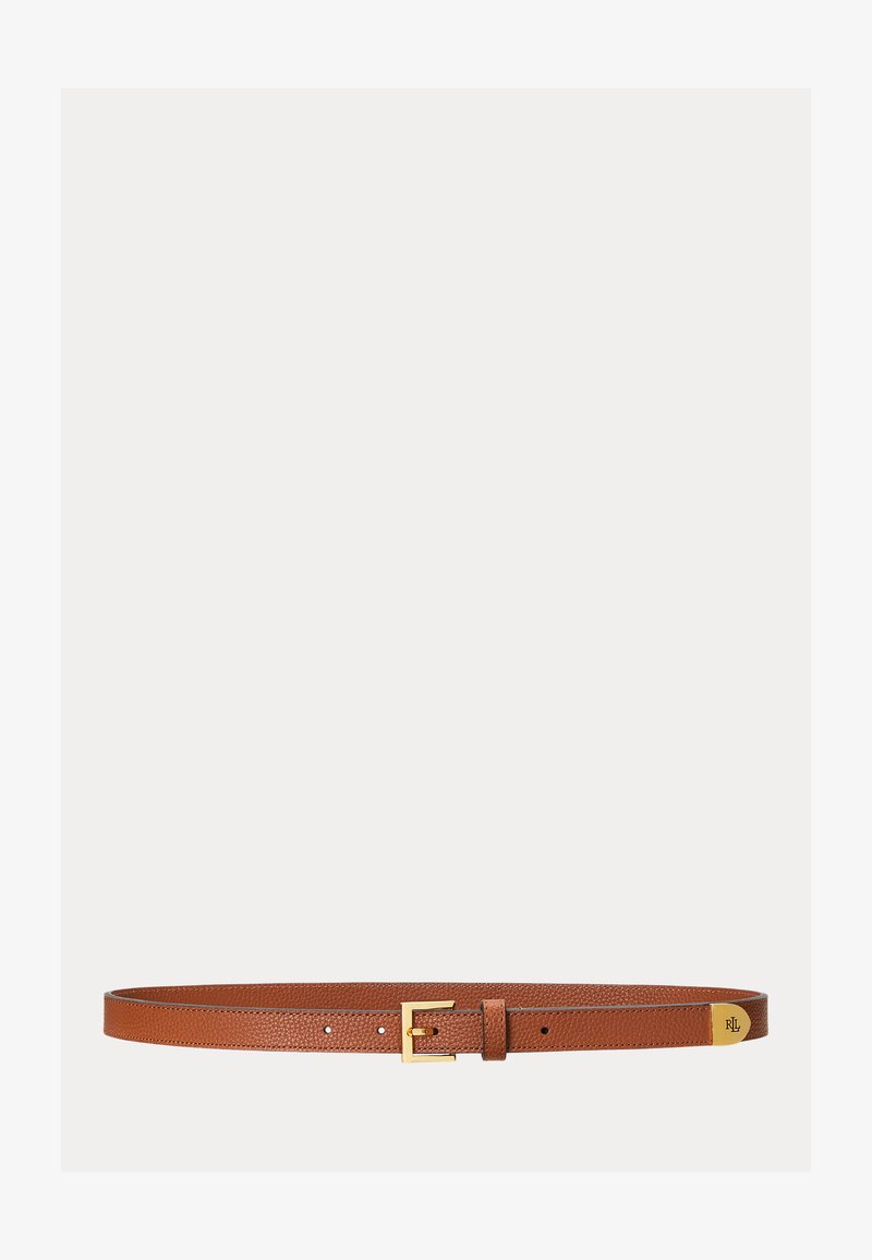 Slim brown leather belt with gold rectangular buckle and gold end tip engraved with "RL" logo on white background.