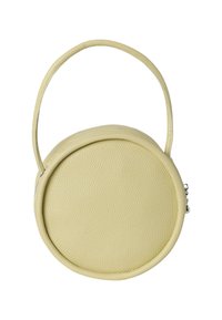 Rund gul väska gjord av texturerad konstläder, med ett handtag och en dragkedjestängning längs kanten.