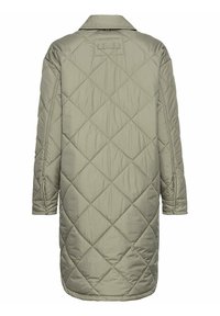 Gequilted lange jas in olijfgroen, met een ruitpatroon, lange mouwen en een kraag. Gemaakt van lichtgewicht, gewatteerd materiaal.