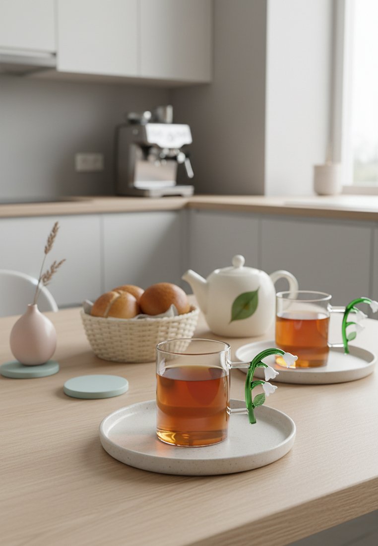 Dwa szklane kubki herbaty z kwiatowymi uchwytami na białych talerzach, czajnik z zielonym wzorem liścia, chleb w koszyku oraz mały różowy wazon na drewnianym stole.