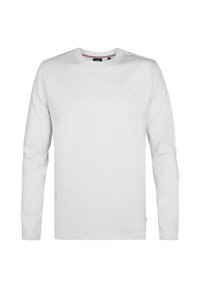 Camisa de tirantes larga blanca de algodón con escote redondo. Presenta un texto en relieve en la parte frontal y un corte clásico.