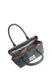 Teal leren handtas met dubbele handvatten, een ritssluiting en gouden hardware. De binnenkant is voorzien van een beige voering en meerdere compartimenten voor organisatie.