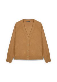 Cardigan maro cu decolteu în V, mâneci lungi și cinci nasturi. Prezintă accente pătată și o textură moale de tricot.