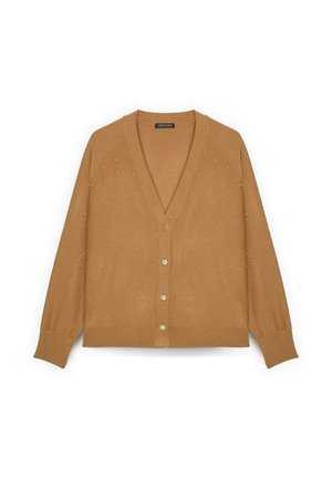 Brauner Cardigan mit V-Ausschnitt, langen Ärmeln und fünf Knopfverschlüssen. Mit gesprenkelten Akzenten und einer weichen Stricktextur.