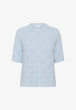 Svijetloplava pletena majica kratkih rukava s dijamantnim uzorkom i rebrastim okruglim izrezom i rubom.