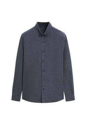 Camicia a maniche lunghe blu scuro in tessuto liscio, con colletto abbottonato e fila di bottoni frontale, orlo arrotondato.
