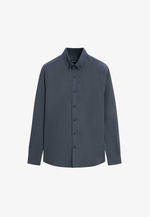 Camicia a maniche lunghe blu scuro in tessuto liscio, con colletto abbottonato e fila di bottoni frontale, orlo arrotondato.