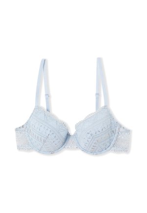 Soutien-gorge à armatures bleu clair avec des détails en dentelle, des bords festonnés et des accents argentés. Bretelles réglables et texture lisse.