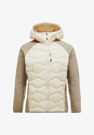 Leichte Kapuzenjacke mit einem cremefarbenen, gesteppten Vorderteil mit Wellenmustern und beigen Seitenpartien. Mit Reißverschlusstasche auf der Brust.