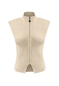 Beige ärmellose Jacke mit hohem Kragen und zentralem Reißverschluss. Glatter Stoff mit strukturierter Form und geschlitzt am Saum.