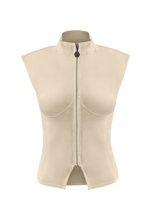 Veste sans manches beige avec un col haut et une fermeture éclair centrale. Tissu lisse avec une forme structurée et un ourlet fendu en bas.