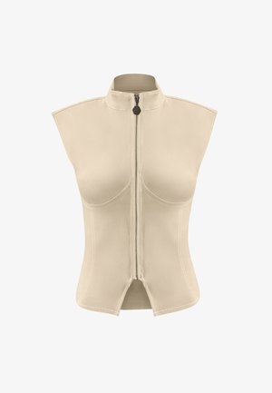 Beige mouwloze jas met hoge kraag en centrale rits. Glad materiaal met een gestructureerde vorm en een split aan de onderkant.