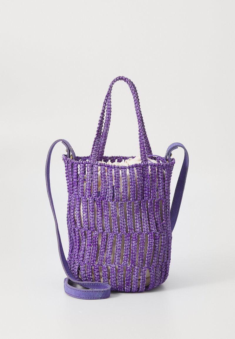 Purple woven handbag with textured pattern, short handles, and a detachable shoulder strap. Open design with visible interior.