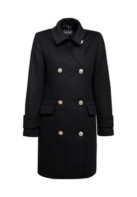 Black wool blend coat with a double-breasted design, silver buttons, side pockets, and a notched collar. Long sleeves with cuffs.