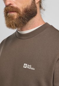 Felpa marrone con una texture morbida, dotata di scollo rotondo e un logo bianco sul petto. Design semplice e moderno senza motivi.